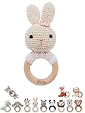 wunderwunsch® - Personalisierter Beißring Baby - Niedlicher Greifling für Baby's ab 0 Monate - Babyrassel mit Name als Baby Geschenk für Mädchen und Jungen (Hase gestreift rosa,mit Name)