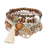 Boho Holzperlen Armband, Boho Quaste Armband für Damen, Frauen Baum des Lebens Charm Statement Armreifen, Bohemian Bracelet für Kleidung Accessoires, Yoga Modeschmuck, Oberteil Style Armkettchen