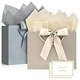 BBLIKE Geschenktüten 2 Stück Papiertüten mit Schleifenbändern + 2 Grußkarten + 4 Taschentüchern, Geschenktaschen mit Henkel Partytüten Bodenbeutel Kreuzbodenbeutel für Geburtstag Hochzeit Feier Party