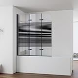 IMPTS Duschwand für Badewanne 120x140cm Schwarz, Faltwand Duschfaltwand 3 teilig mit Streifen Milchglas, Faltbar Badewannenaufsatz Duschtrennwand Badewannenwand Glas mit 6mm Nano Sicherheitsglas