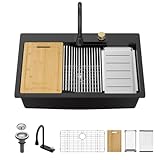 Sarlai Wasserfall Küchenspüle Granit Verbundspüle 83 cm Drop In Topmount Workstation Spüle mit Wasserhahn Granitspüle Mattschwarz Küchenspüle Quarz Einzelbecken Multifunktionsspüle mit Wasserfall