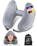 lunap Nackenkissen Flugzeug aufblasbar GRÖßE L Nackenkissen Aufblasbar mit Kapuze | Nackenhörnchen Erwachsene Grau | Reisekissen Aufblasbar | Neck Pillow | Reisekissen Flugzeug Kissen Flugzeug