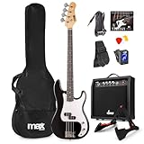 MAX GigKit Bassgitarre Set, E Bass Gitarre, Bass Guitar mit Gitarrenverstärker, Tasche, Stimmgerät, Plektren, Ständer, Gurt, Kabel und Ersatzsaiten - 21 Bünde - schwarz