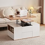 Hebbarer Multifunktions-Couchtisch - Tischplatte öffnet Sich zu 2 Tischen, große Kapazität, Moderne Wohnzimmermöbel, Büro-Esstisch Freizeittisch Multifunktionstisch (Weiß)
