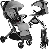 tectake® Buggy Kinderwagen von 0 bis 3 Jahre, Wagen für Baby Erstausstattung Neugeborene und Kinderbuggy, einhändig faltbarer Reisebuggy, Reisekinderwagen, Baby Wagen mit Verdeck - grau/beige
