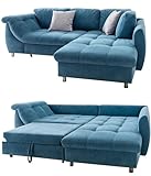 Modernes Ecksofa mit Schlaffunktion B250/T190/H84 cm, Wellenunterfederung mit Komfortschaum, L-Couch, Longchair Ottomane rechts, Bezug Mikrofaser Blau, 2 Zierkissen Grau / 17107