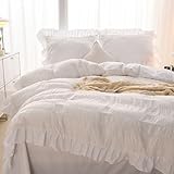 GETIYA Weiß Seersucker Bettwäsche 135x200 Mädchen Damen Bettwäsche mit Rüschen Aesthetic Streifen Muster Seersucker Bettbezug Einzelbett Weich Mikrofaser Bettwäsche mit 1 Kissenbezug 80x80