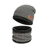 YILEEGOO Herren Winter Beanie Hüte Schal Set Warme Strickmütze Dicke Plüsch Gefüttert Slouchy Cap Outdoor Sport Hut Sets für Männer Frauen, grau, Einheitsgröße