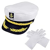 PERFETSELL Kapitänsmütze Verstellbare Marine Mütze Weiß Kapitän Mütze mit einem Paar Handschuhe Faschingskostüm Zubehör für Kinder Damen Herren Junge Karnevalsparty Motto-Party Fasching Party Karneval