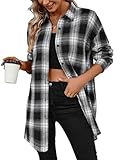 Jhsnjnr Longshirt Damen Knopfleiste Boyfriend Langarmshirts Baumwolle Karo Hemden Flanellhemd Oversize Karierte Bluse