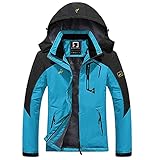 R RUNVEL Damen Mountain Wasserdichte Jacke Winddichte Fleecejacke Outdoor Wintermantel mit Abnehmbarer Kapuze Mehrere Taschen für Camping, blau, 40