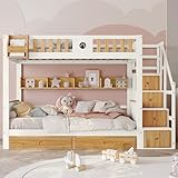 90x200cm Etagenbett mit 4 Schließfächer in der Treppe, Reichlich Stauraum, mit Fallschutzgitter und 2 Schubladen, Offenes Regal, Rahmen aus Kiefernholz und MDF