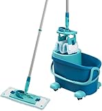 Leifheit Set CLEAN Twist M Flachwischer Ergo 2.0 mit Rollen, Bodenwischer mit Supersoft Bezug für nebelfeuchte Reinigung auf Parkett, Laminat und Echtholz, Mop mit Schleudertechnologie