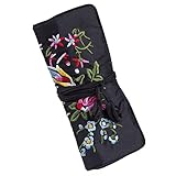 mookaitedcor Garten Design Stickerei Schmuckrolle für Reisen, Schmuck Organizer Reise Schmucktasche für Ringe Ohrringe Halsketten Armbänder, Schwarz