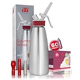 ISI Sahnespender 1000 ml, Gourmet Whip Plus, 1 Liter, aus hochwertigem Edelstahl, Betrieb Sahnekapseln, für Sahne, warme und kalte Saucen, Suppen, Espumas und Desserts, mit 60 Sahnekapseln