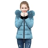 KODMNSW Winterjacke Mädchen Steppjacke Warme Daunenjacken mit Fellkapuze (Abnehmbar) Winterparka Flauschig Puffer Jacke Leichte Kinderjacke Outdoor Mantel Wintermantel Kinder Parka Blau 150