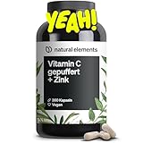 natural elements Vitamin C - 360 Kapseln - Hochdosiert mit 1000mg + 15mg Zink - Pflanzlich fermentiert & gepuffert (pH-neutral, säurefrei, magenschonend) - vegan, laborgeprüfte Qualität
