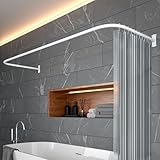 Duschvorhangstange L Form & Duschstange U Form 6 in 1 System inkl. 12 Ringe - Stabile Winkelstange Duschvorhang ohne Deckenhalterung - Duschstange Ecke Rostfrei - Duschvorhangstange Badewanne & Dusche