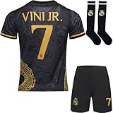 BlackAzat 2023/2024 Madrid #7 Vini Jr. Vinicius Kinder Trikot Fußball Spezielle Golddrachen-Edition, Shorts Socken Jugendgrößen (Schwarz,30)