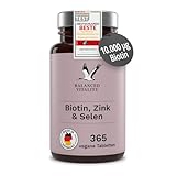 Biotin, Zink & Selen - 10000 µg Biotin, 10 mg Zink-Bisglycinat, 55 µg Selen - 365 vegane Tabletten - Haar-Vitamine im Jahresvorrat - für Haare, Haut & Nägel - ohne Zusatzstoffe - Balanced Vitality