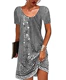 GRMLRPT Damen Kurzarm Rundhals Kleid Bohemian Blumen Sommerkleider MiniKleid Blumendruck Lose Tunika Freizeitkleid(Grau,XL)