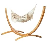 LA SIESTA® Bossanova Bio-Baumwoll Hängematte & Holzgestell - Hängemattengestell für Outdoor Indoor Balkon, Boho Hängematte mit Gestell aus Holz - 2 Personen Hängematte mit Ständer - Kingsize, Latte