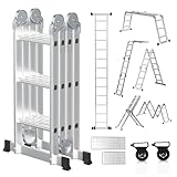 Hebitod Mehrzweckleiter 4x3, 7in1 Teleskopleiter Alu 366CM Vielzweckleiter Multifunktionsleiter mit 2 Plattform und Räder, Haushaltsleiter Max Belastung 150kg, Klappleiter 12 Sprossen
