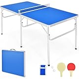 PRMTYUP Klappbarer Ping Pong-Tisch, Tischtennistisch Mit Netz, Tragbares Tischtennis-Spielset, 2 Schläger, Pingpong-Bälle, Für Drinnen Und Draußen,Blau