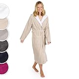 Blumtal Bademantel Damen Frottee in M aus 100% Baumwolle - OEKO-TEX zert. Sauna Bademantel Damen Baumwolle aus Velour & Frottier- extra saugstarke Bathrobe Women - Morgenmantel Kapuze- Taupe/Weiß