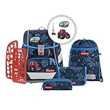 Step by Step Schulranzen-Set 2IN1 Plus „Tractor Freddy“ 6-teilig, blau, Traktor-Design, ergonomischer Tornister mit Reflektoren, höhenverstellbar mit Hüftgurt für Jungen ab der 1. Klasse, 19L