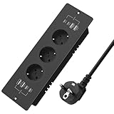 Einbau Steckdosenleiste mit USB C PD 20W, 3 Fach Tischplatte Versenkte Steckdose mit 1.8m Kabel, Tischsteckdose Mehrfachsteckdose für Arbeitsplatte Büro Küche, Schwarz