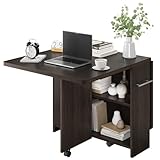 Thaookte Klappbarer Esstisch, Mobiler Klapptisch Mit Rollen Und 2 Ablagen Für 4-6 Personen, Klapptisch Esszimmertisch Für Kleine Räume, Küche, Esszimmer, 120 x 60 x 75 cm, Dunkelbraun