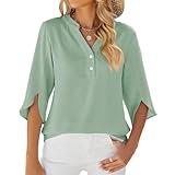 LEKOPUR Grün Bluse Damen Festliche Oberteile Tunika 3/4 Arm Damenblusen Chiffon Musselin Bluse Einfarbig Frühling Herbst Blusenshirt Flowy Sommerbluse
