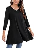 Enmain Schwarz Damen Tunika Top für Damen Dreivierte Langarm Blusen Tuniken Longline Bluse Longshirt Casual Rundhals Swing Tunika Tops XXL