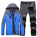 2-teiliger Herren-Skianzug, wasserdicht, Fleece-Bergjacke und Hose, mit Kapuze, Schneejacke und Hose mit Taschen, langlebig, winddicht, Snowboard-Tops, Hose, hellblau, XXL