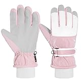 MoKo Kinder Winterhandschuhe, Wasserdicht Skihandschuhe mit Elastisch Bündchen für 6-15 Jahre, Winddicht Thermisch Kinder Schnee Handschuhe für Skifahren Snowboarden Rodeln Radfahren, Rosa&Weiß, M