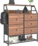 Dripex Kommode mit 5 Schubladen aus Stoff Griffen, Aufbewahrungskommode mit Holzplatte und Schuhregal in Industrie-Design, Metall Schrank für Schlafzimmer, Wohnzimmer, vintagebraun-schwarz
