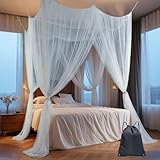 Moskitonetz für Einzel- und Doppelbett – Weißer Betthimmel mit 4 Ecken(190×210×240 cm), mit Aufhängeset & Tragetasche, 4 Öffnungen, Feinmaschiges Insektennetz für Schlafzimmer, Camping & Reisen