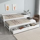 Merax Schlafsofa 90x200 cm, Tagesbett mit 2 Schubladen, Kinderbett Funktionsbett mit Lattenrost, Ausziehbett Einzel und Doppelbett, Massivholzrahmen, für Mädchen & Jungen, Weiß