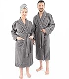 Hammetex Bademantel 100% Baumwolle Unisex für Damen und Herren, Hochwertig 400 g/m² Qualitat Weich Saugfähig Frottee Bademantel für Paare mit Taschen, Grau