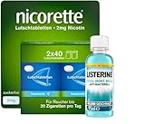 NICORETTE Lutschtabletten mit 2 mg Nikotin freshmint Geschmack + Listerine Cool Mint mild 95ml - diskret mit dem Rauchen aufhören inkl. Mundwasser