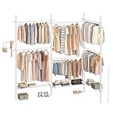 SONGMICS Teleskopstange Kleiderständer, 3-stufige Garderobe, höhen- und breitenverstellbar, offener Kleiderschrank mit 6 Kleiderstangen und 3 abnehmbaren Ablagen, Greifarm, mattweiß HSR155W01