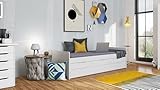 Inter Link - Jungendbett - Kinderbett - Funktionsbett - Tandembett - Schlafsofa - Funktionsbett ausziehbar mit Stauraum - Kiefer massiv - inkl. Lattenrost - Farbe Weiß lackiert - Desert Rain 90x200