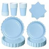 PYAILI Morandi-Blau Partygeschirr, 96 Stück Pappteller Set mit Blumenmuster für 24 Gäste, Papier Teller Pappbecher Servietten für Geburtstag, Muttertag, Babyparty, Bridgerton, Teeparty