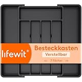 Lifewit Besteckkasten für Schubladen 40 50, verstellbarer Kunststoff Organizer Küche Tiefe 35 cm, Besteckeinsatz 5-7 Fächer, erweiterbar bis 41 cm, für Löffel, Gabeln und Geschirr, Schwarz