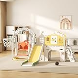 Rutsche mit Klettergerüst für Kinder: Indoor Spielplatz mit - Aufbewahrungsbox Tunnel Treppenleiter Basketballkorb und Durchgangsbereich Gartenrutsche (SDW-K-Green Yellow)