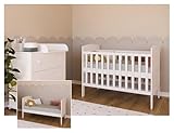 Kiki Design Gitterbett Babybett und Kinderbett mit Matratze Zahnschienen, 2 herausnehmbare Sprossen Holz und höhenverstellbar Weiß, umbaubar zum Juniorbett