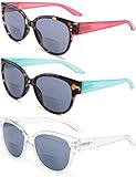 Yogo Vision Bifokal-Sonnenbrille für Damen, Sonnenbrille im klassischen Retro-Stil, Sonnenschutz für draußen, Brillen, 3er-Pack: Braun-Havanna-Pink, Braun-Havanna-Hellblau, Transparent Klar 2,5