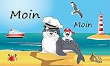Flagge Moin Moin Seehund mit Baby Fahne 90x150 cm MOIN MOIN Mütze Tuch rot Hissfahne Leuchtturm