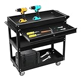 3-stufiger Werkzeugwagen (150 kg Tragkraft) – Rollender Werkstattwagen mit Schublade & Schloss für Garage, Industrie, Hobby, Robuster Stahlbau, 4 Räder (Schwarz)